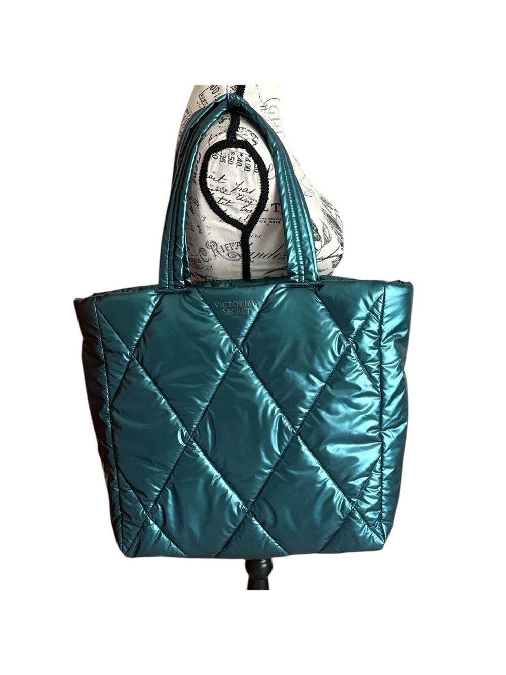 Victoria's Secret Tote Quilted Puffy Shiny Double Shoulder StrapTeal Gold Logo